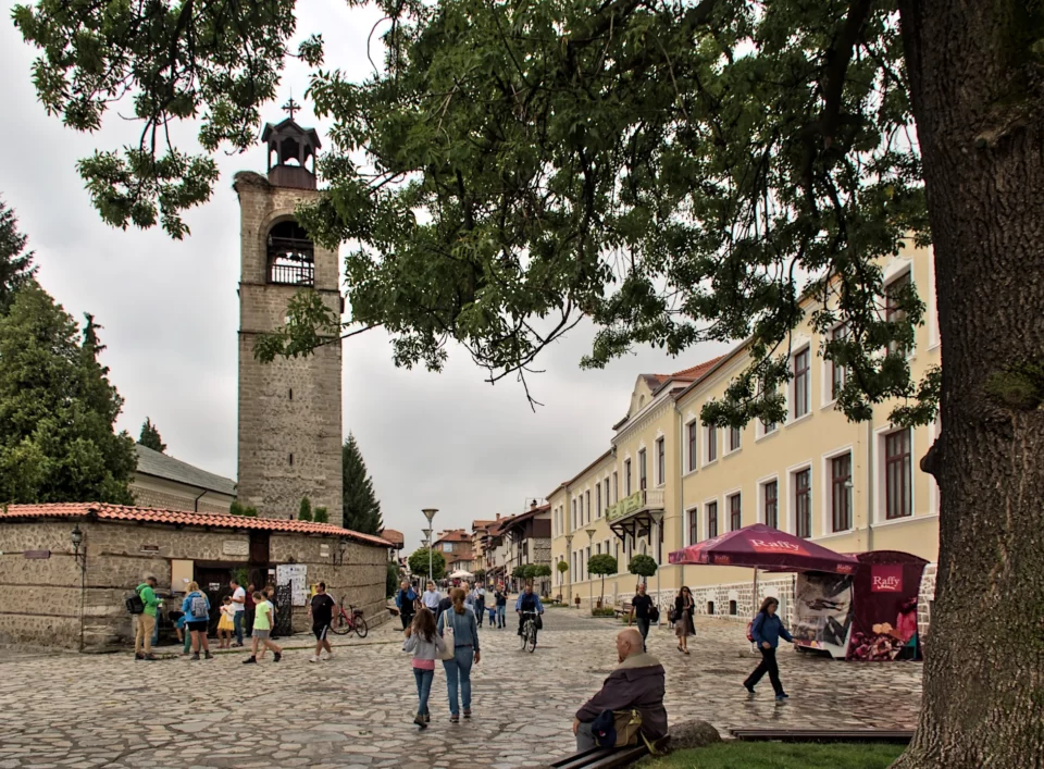 The iconic bell tower of the Saint Trinity church in the center of Bansko