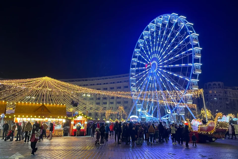 Traditional Christmas market at the Constitution square in Bucharest, Romania