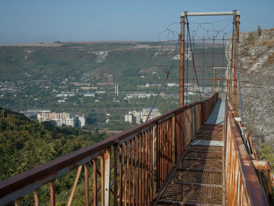 A rather flimsy steel bridge to the cave monastery Shashkanite