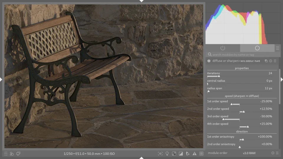 ;Lens deblur: hard” preset of the “Diffuse and sharpen” module applied to the image.